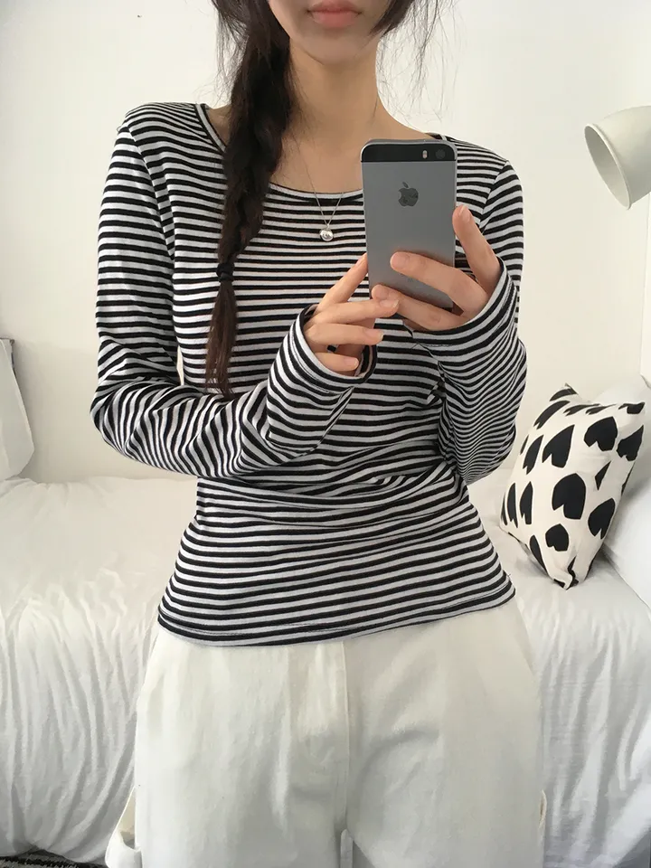 [슬림핏!/간절기,봄필수! 잔단가라 라운드넥 단가라티셔츠 긴팔티셔츠 이너티 기본티] 엘리슬림핏단가라긴팔T 상세 이미지 37