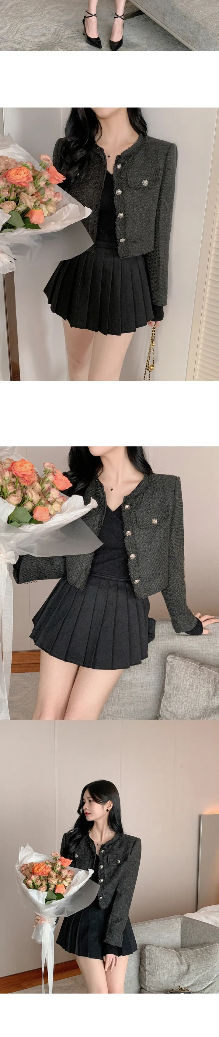 [갓성비❤️/화사한 봄 자켓으로 제격!] 매니아 노카라 컷팅 디테일 버튼 포켓 세미크롭 봄 트위드 자켓 상세 이미지 31