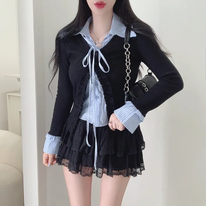 [3COLOR/셔츠일체형] 유닛 스트라이프 셔츠&프릴가디건 레이어드세트/버닝블루 상세 이미지 19