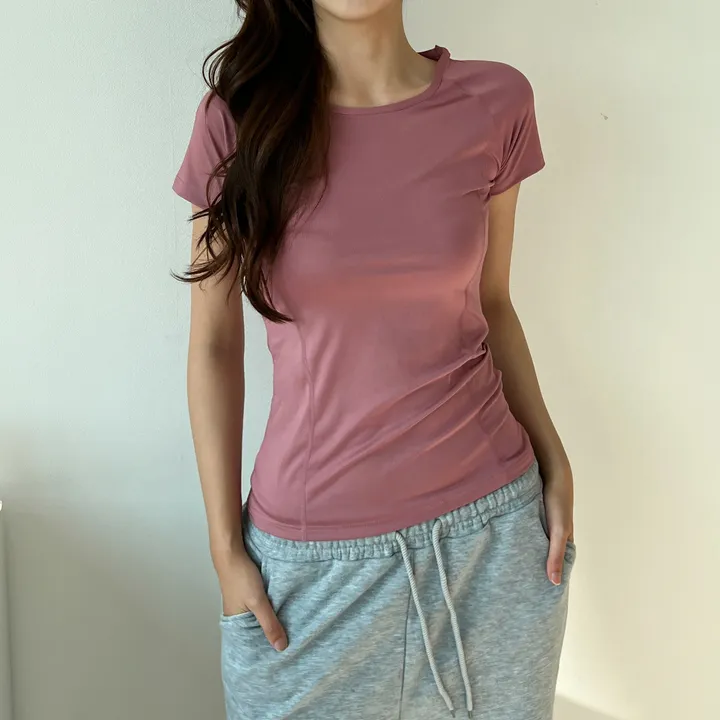 품질 보장✔텐션 트레이닝 숏 슬리브 (편한 라운드 무지 스판 기능성 슬림핏 반팔 티 헬스 러닝 가벼운 쿨링 아이스 데일리 피트니스 요가 필라테스 운동) 상세 이미지 28