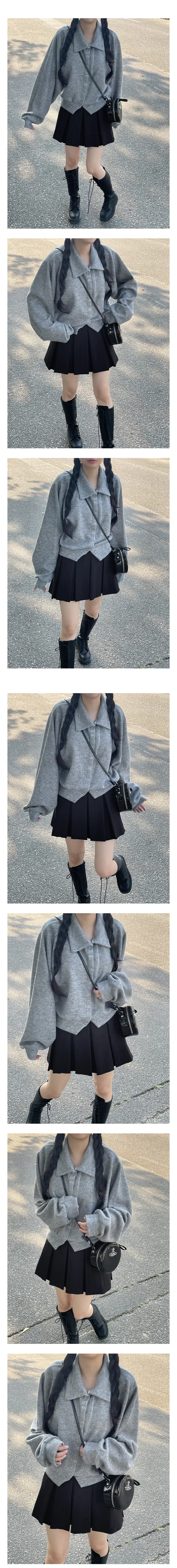 벌룬 카라 루즈핏 스냅 단추 트임 가디건 상세 이미지 4