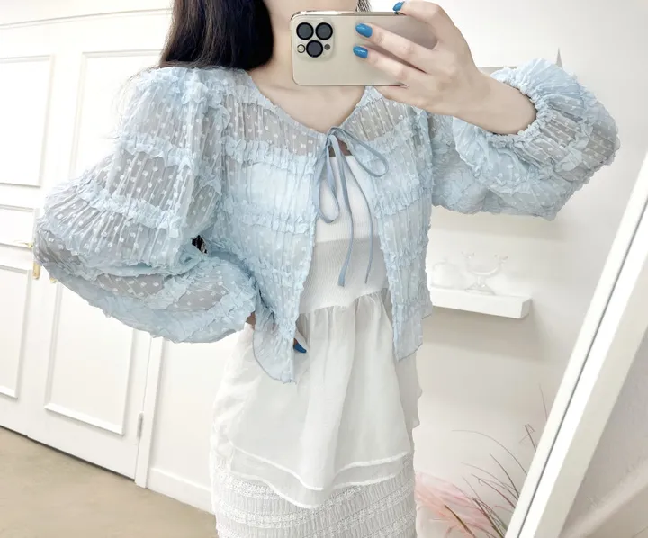 🩵공쥬핏+어깨패드O🩵쉬폰 퍼프 땡땡이 볼레로 가디건 (3COLOR) 시스루 프릴가디건 휴양지룩 여행룩 볼레로블라우스 상세 이미지 6