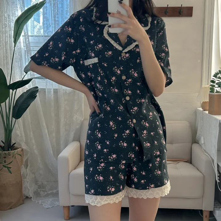 [당일출고] 핑크 플라워 네이비 레이스 카라 반팔 반바지 파자마 잠옷세트 (패드내장) 상세 이미지 4