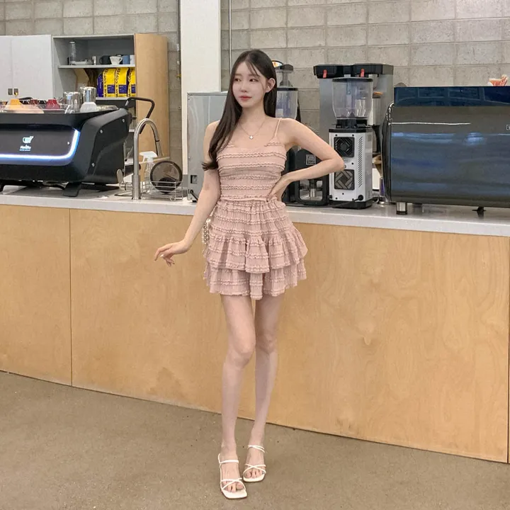[나시스커트SET/고퀄ෆ러블리] 베링 레이스 프릴 뷔스티에 브이넥 캡 나시 + A라인 밴딩 캉캉 미니 스커트 투피스 세트 데이트룩 여행룩 바캉스룩 꾸안꾸 플리츠 발레코어 상세 이미지 32