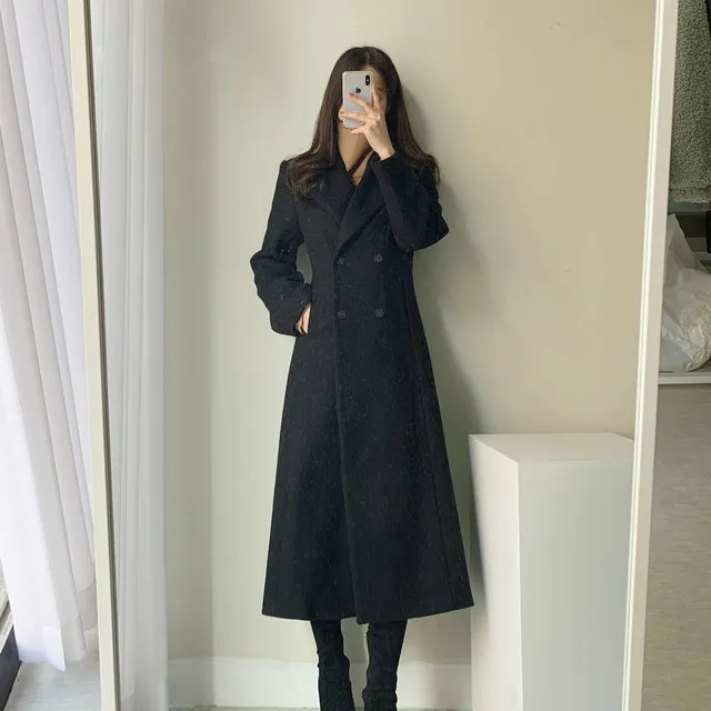 A라인 슬림 롱 플레어 더블 버튼 울코트 블랙 베이지 상세 이미지 26
