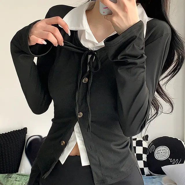 [일체형/모던룩/2col] 신디 일체형 슬림핏 레이어드 셔츠 가디건 / 카라넥 / 리본가디건 / 레이어드티셔츠 / 페이크셔츠 / 긱시크 / 브이넥 / 셔츠니트 / 코디완성 / 강추 상세 이미지 11