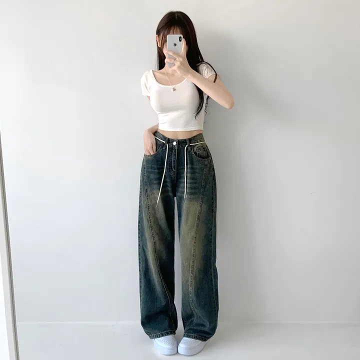 [색감깡패🖤/끈탈부착O] 미드나잇 뒷밴딩 스트링 스트랩 하이웨스트 절개라인 빈티지 워싱 롱 와이드 데님 팬츠 밴딩바지 청바지 사계절청바지 상세 이미지 23