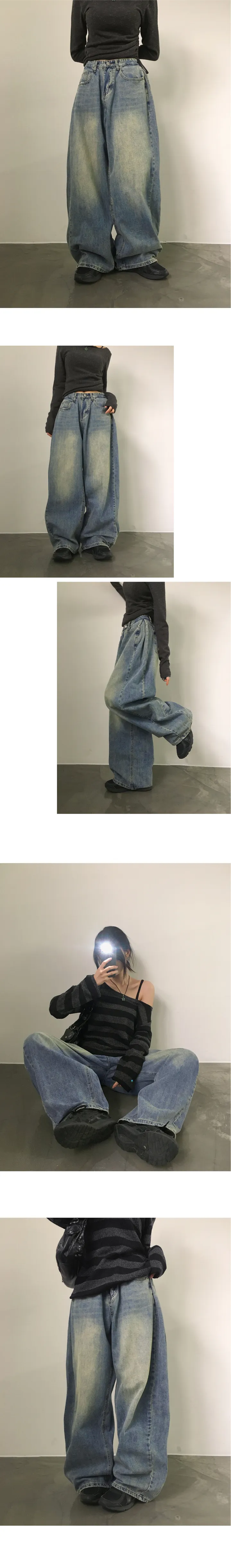 [롱,숏/5color] 코온 사이드 핀턱 벌룬핏 빈티지 워싱 롱 와이드 데님 팬츠 상세 이미지 4