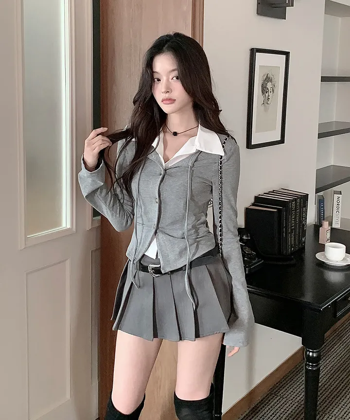 [반팔/긴팔❄일체형💗고퀄ver] 칠리 셔츠 가디건 일체형 레이어드 리본 슬림핏 긴팔 반팔 티셔츠 가디건 봄 겨울 가을 / 하객룩 출근룩 소개팅룩 데이트룩 클래식블랑 상세 이미지 22