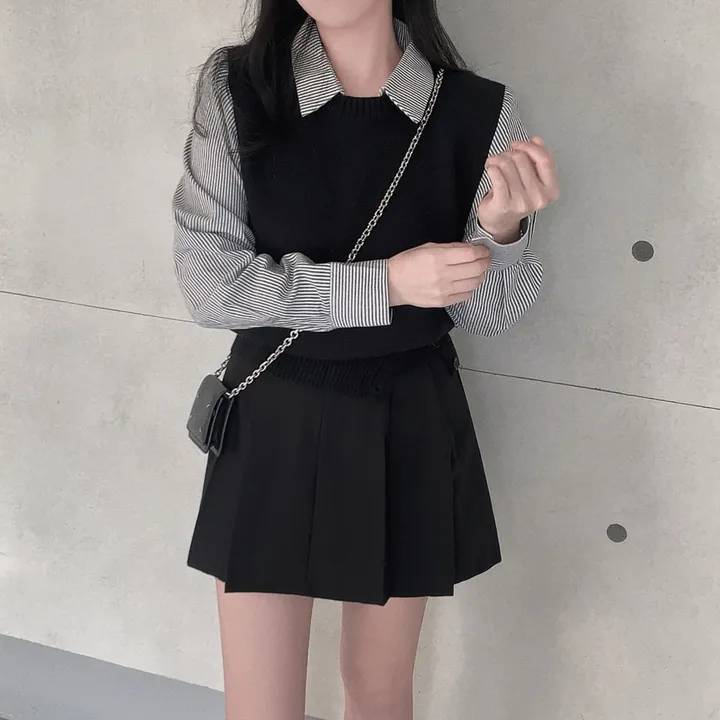 [단독/일체형!/✨주문폭주✨]올인원 쓰리버튼 레이어드 일체형 스트라이프 셔츠+니트조끼 상세 이미지 14