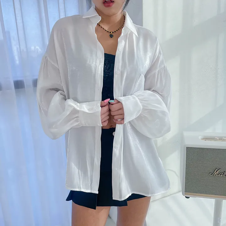 [당일출고] 투톤 오로라 루즈핏 퍼프 실크 블라우스 셔츠 / 빅사이즈 오버핏 / 연예인 아이돌의상 펜트하우스 루즈핏 글리터셔츠 반짝이 상세 이미지 61