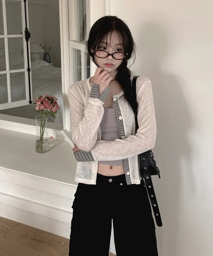 [봄가디건🌷] 띠네 슬럽 배색 체크 커프스 라운드 시스루 니트 가디건 봄 여름 가을 / 봄가디건 여름가디건 레이어드 봄아우터 체크셔츠 뮤잉 상세 이미지 31