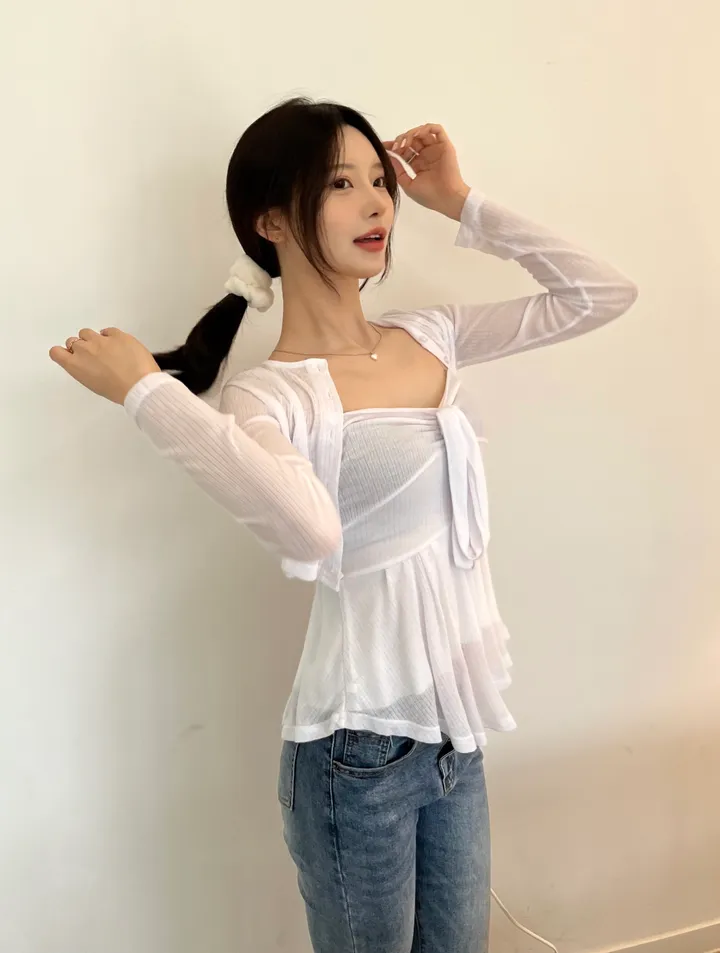 [여리여리핏/가디건set🤍] 리본 셔링 프릴 끈나시 레이어드 가디건 세트 상세 이미지 3