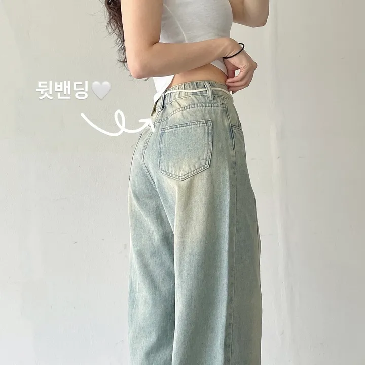 당일발송🚀핏/색감보장💗 절개라인 스트링 와이드 하이웨스트 빈티지 워싱 뒷밴딩 데님 롱 팬츠 키작녀 키큰녀 3color / 스트링 탈부착가능! 상세 이미지 3