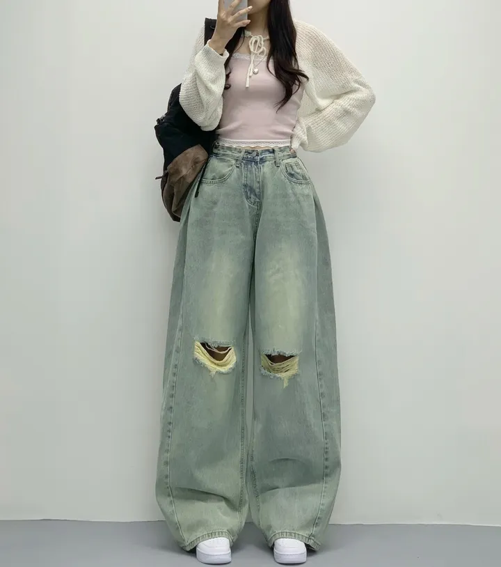 당일🚀[숏,롱/~XL/찐인생바지] 슬릿 찢청 폴딩 빈티지워싱 벌룬핏 옆핀턱 와이드팬츠 무릎트임 데님 청바지 기장선택 빅사이즈까지 오버핏팬츠 여름청바지 상세 이미지 48