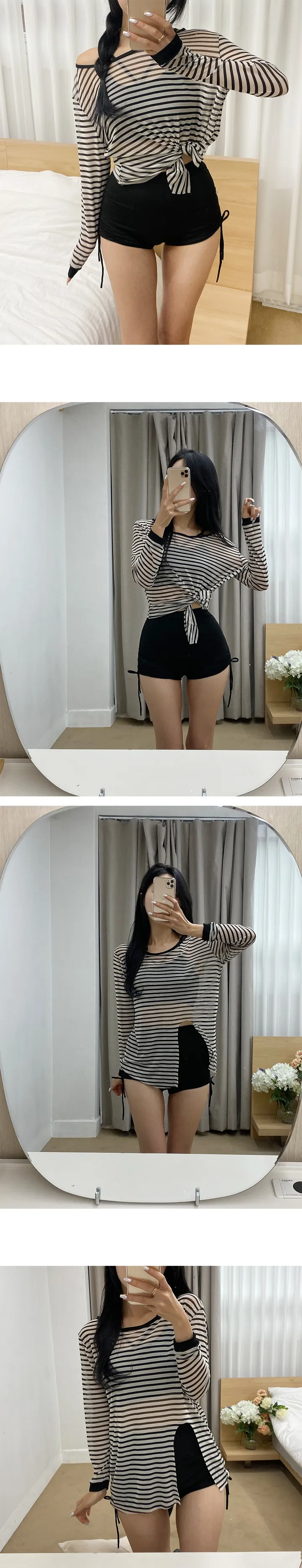 🚀당일출고🚀지브라 시스루 단가라 긴팔 래쉬가드 비키니 세트 3PS [워터밤/비키니/체형커버수영복/페스티벌룩/수영복/하이웨스트비키니/래쉬가드세트] 상세 이미지 3
