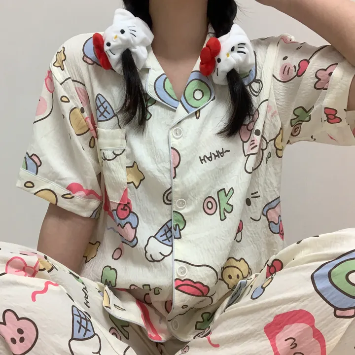 [3피스/빅사이즈도있어용!] 귀여운 리본 고양이 키티 캐릭터 집순이 생일선물 반팔 반바지 긴바지 쓰리피스 잠옷 세트 상세 이미지 11