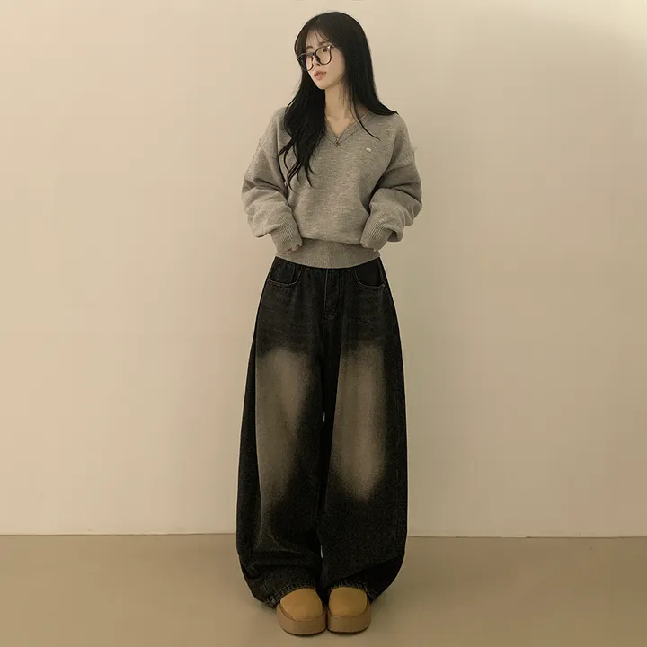 [파스텔색감💭/도톰폭닥~] 와펜포인트 아방핏 브이넥 루즈핏 허리잘록 긴팔니트 상세 이미지 11