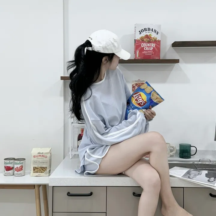 💜원조💜*당일배송* [세트가격!/체형커버] 솜사탕 망고 두줄 입술넥 오버핏 맨투맨 + 돌핀 숏팬츠 트레이닝 투피스 세트 #4colors 상세 이미지 16