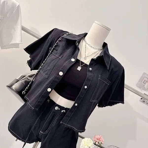*최저가* [세트가격!/하객룩!] 드뷔 스티치 데님자켓 청자켓 데님셔츠 셔츠카라 버튼 포켓 반팔자켓 크롭자켓 스트링 밴딩 하이웨스트 와이드 반바지 숏팬츠 여름투피스 세트 데님세트 상세 이미지 13