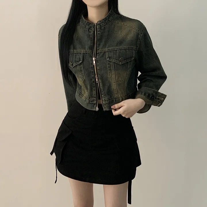 [빈티지힙] 투웨이 데미지 바이커 크롭 워싱 데님 자켓 상세 이미지 16