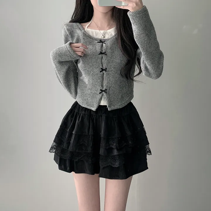 *봄가을ver추가* [코디세트/완전귀여운!] 뮤즈 보들 리본 트임 홀터넥 나시 레이어드 일체형 니트 + 슈아 밴딩 골지 레이스 캉캉 스커트 투피스 세트 상세 이미지 9