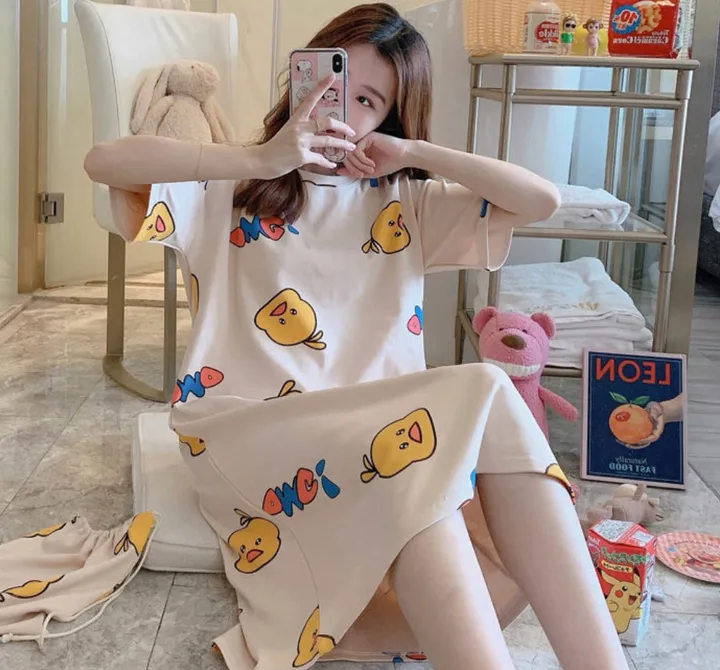 [귀여움 폭발🐥] 1+1 할인 / 6종 캐릭터 반팔 원피스 파자마 (파우치+양말 증정/FREE 사이즈) 상세 이미지 4