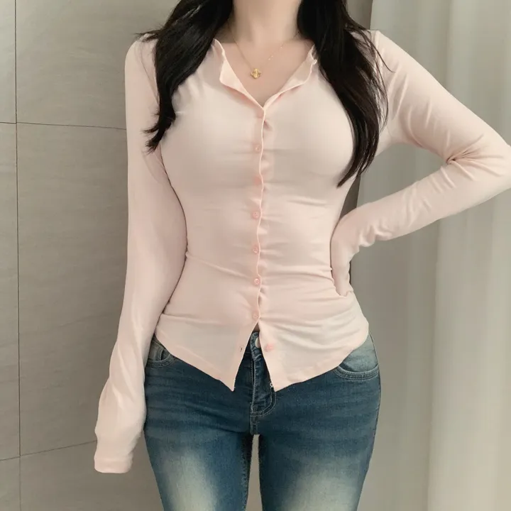 [팔뚝여유핏!/몸매보정💗]스트레이트 강추* 글램 긴팔 촉촉 야들 스판 브이넥 셔츠 가디건 파스텔 티셔츠 (6col):러브글램 상세 이미지 19