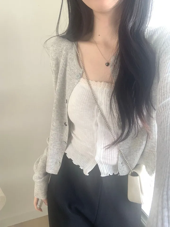 레이 여름 린넨 골지 크롭 라운드 긴팔 가디건 (9color) [ 봄 여름 살안타템 데일리룩 기본 베이직 ] 상세 이미지 6
