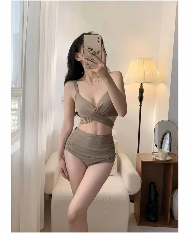 커버업후기증명!첫비키니추천! E컵착용가능 M-XL 글래머 셔링 백리본 X스트랩비키니 하이웨스트비키니 빅사이즈수영복 커버업수영복 상세 이미지 1