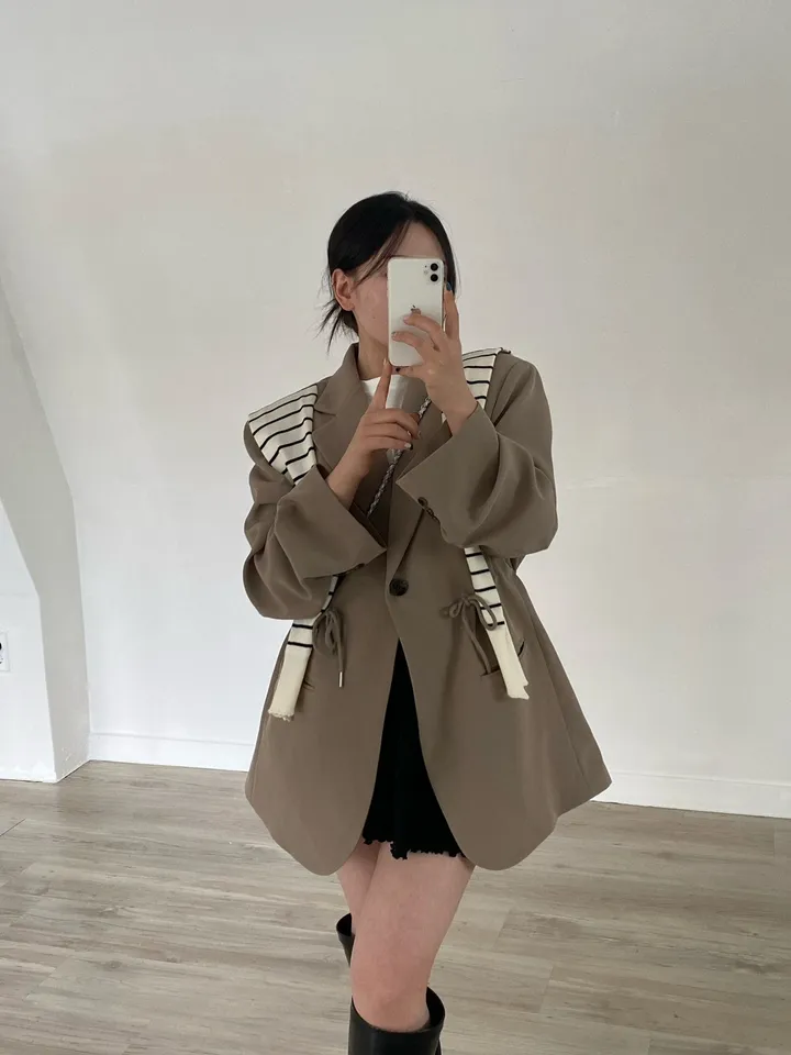 [25ss봄재진행🌷/44-99] 원버튼 오버핏 스트링 자켓 (3colors) / (대디자켓 박시자켓 빅사이즈자켓 봄자켓 허리스트링 패드자켓 오버자켓 보이핏자켓 ) 상세 이미지 1