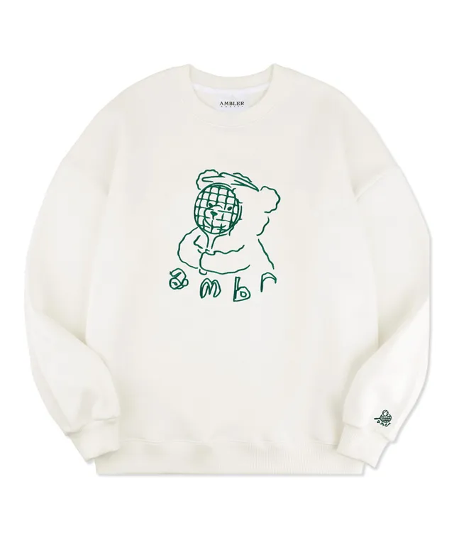 엠블러 남여공용 Racket mask 오버핏 기모 맨투맨 티셔츠 AMM1106 (아이보리)