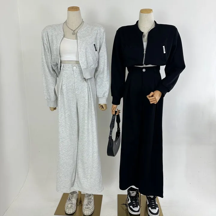 [패드내장/데일리/캐주얼/세트가격/봄투피스💞] 루즈핏 포켓 미니패치 패드 크롭 쭈리 투웨이 집업 + 하이 뒷밴딩 핀턱 롱 슬랙스 와이드팬츠 SET (3COLOR) 상세 이미지 25