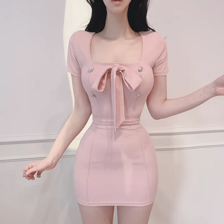 ᰔ첫눈에반함ᰔ 라보 스퀘어넥 리본 반팔 크롭 + H라인 미니스커트 투피스 세트 (2colors) 상세 이미지 3