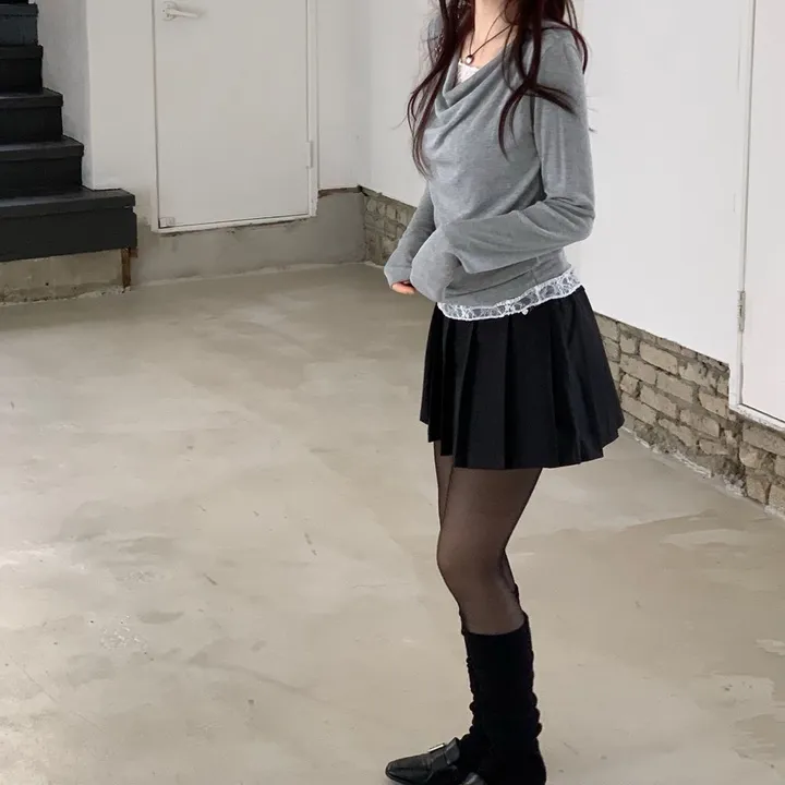 [레이스일체형ෆ군살커버말라핏]이연 텐션 여리핏 드레이프 셔링 레이어드 레이스 골지 롱슬리브 티셔츠 3color 상세 이미지 32