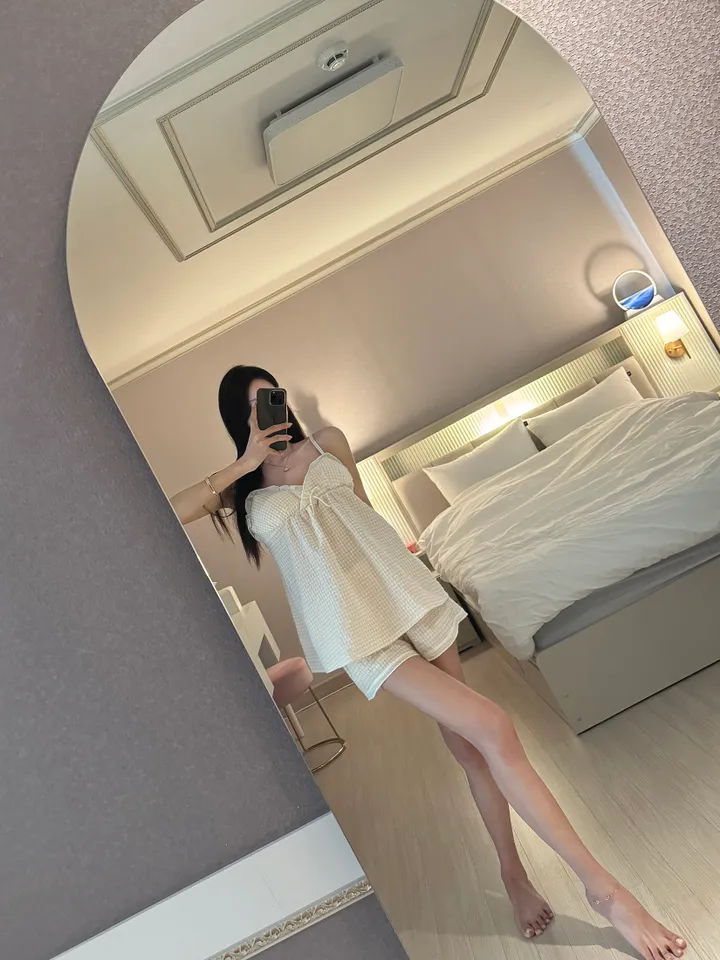 [2color/캡내장] 체크 민소매 반바지 투피스 세트 잠옷 홈웨어 파자마 상세 이미지 7