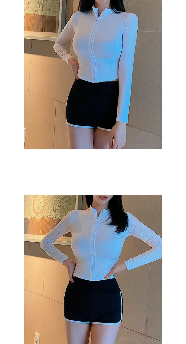 [주문폭주] 플레인 실내 비치웨어 스윔웨어 집업 긴팔 래쉬가드 수영복(아이보리/블랙) 상세 이미지 5