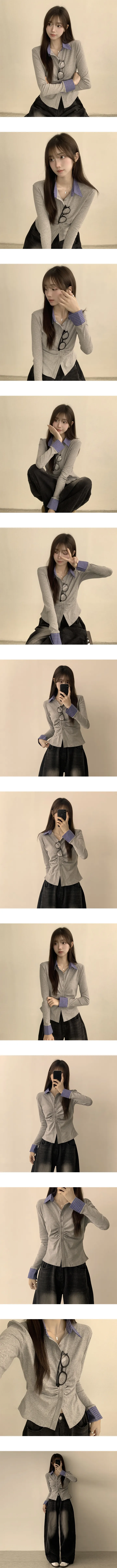 [일체형/허리셔링으로 잘록핏!] 셔츠를 레이어드 한듯, 슬림핏 카라 체크 셔츠 레이어드 셔링 긴팔 봄 가디건 간절기 긴팔티 데일리 아우터 3color 상세 이미지 2