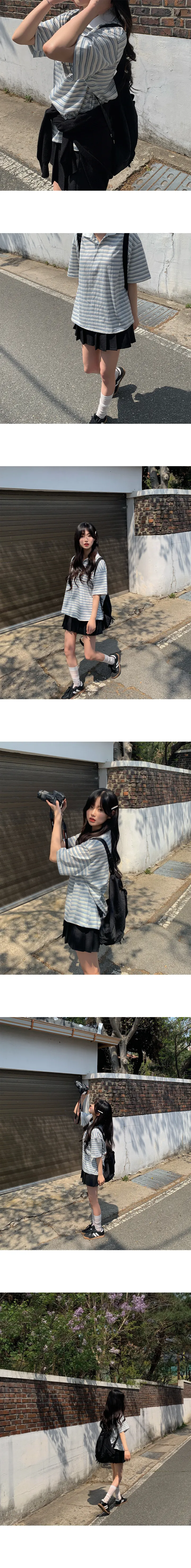 [당일출고/세트/단독구매가능] 반팔 스트라이프 오버핏 카라 티셔츠 + 플리츠 뒷 밴딩 미니 스커트 상세 이미지 4