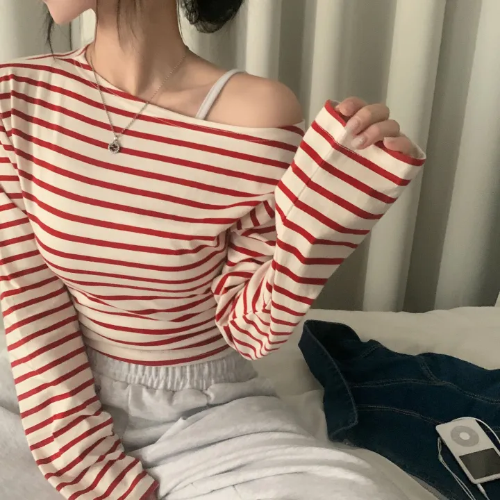 [예쁜라인🤍/데일리필수*.*] 루징 스트라이프 언발 오프숄더 긴팔티셔츠 - 2color 상세 이미지 10