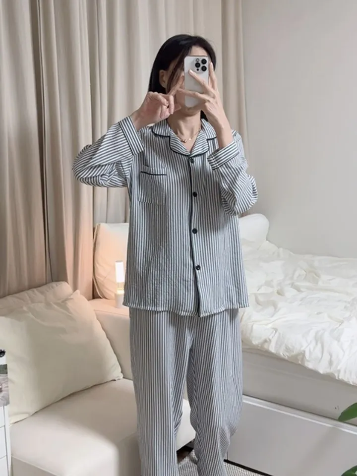 [💙긴팔잠옷set/심플💙]지지미면 잔스트라이프 3타입 컬러배색 잠옷세트 단가라 카라넥 시원한 봄여름가을 사계절 러블리 파자마파티 홈웨어세트 상세 이미지 56