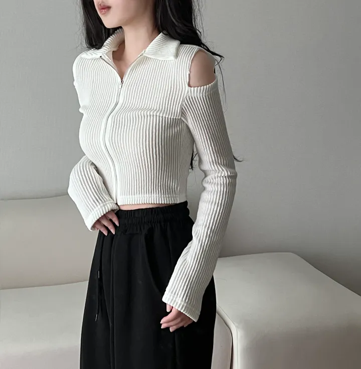 [볼레로ver 추가!] 어깨트임 숄더 컷아웃 골지 크롭 카라 슬림 지퍼 긴팔 집업 3color 차콜 블랙 아이보리 상세 이미지 8