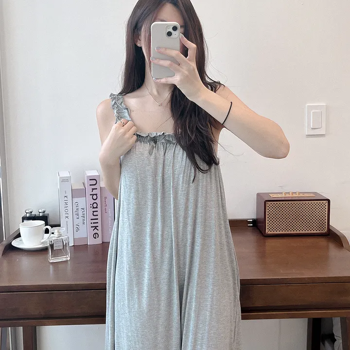 [봄할인/캡내장/진짜부들부들해요!] #B.Night 찰랑 프릴 민소매 심플 나시 파자마 잠옷 롱원피스 블랙&그레이 2 color #3003 상세 이미지 8