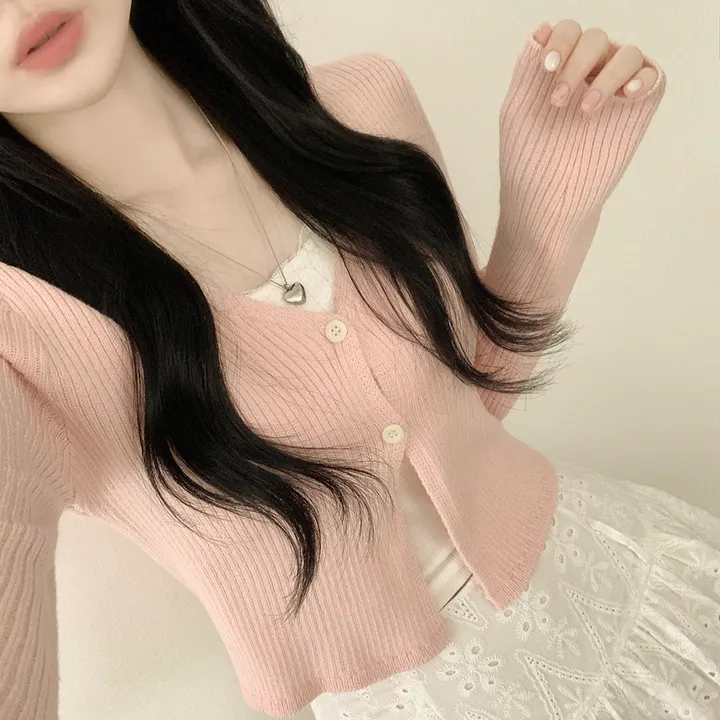[벚꽃룩🌸/여리색감] 파스텔 크롭 슬림핏 트임 봄여름 니트가디건 딸기우유 핑크 소라 러블리힙 상세 이미지 6