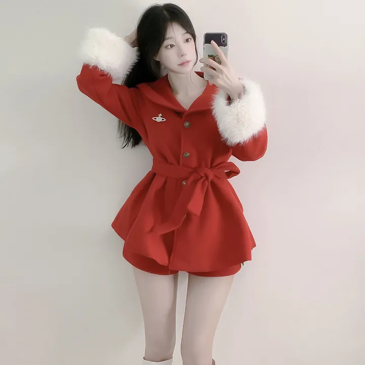 [초고퀄]소매퍼 안감누빔  하프 모직코트 반바지 투피스 세트 상세 이미지 14
