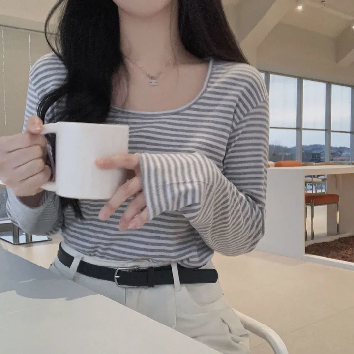 [팔말라핏🤍/단가라ver]팔뚝살 부각없는 3탄! 뉴페이스 단가라 스트라이프 스퀘어넥 루즈핏 긴팔티셔츠 상세 이미지 20
