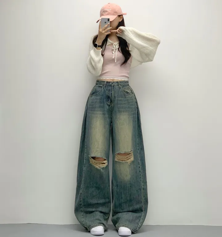 당일🚀[숏,롱/~XL/찐인생바지] 슬릿 찢청 폴딩 빈티지워싱 벌룬핏 옆핀턱 와이드팬츠 무릎트임 데님 청바지 기장선택 빅사이즈까지 오버핏팬츠 여름청바지 상세 이미지 17