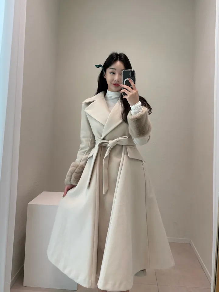 프리미엄 모직 울 누빔 카라 소매퍼 롱 원피스코트 3col 상세 이미지 5