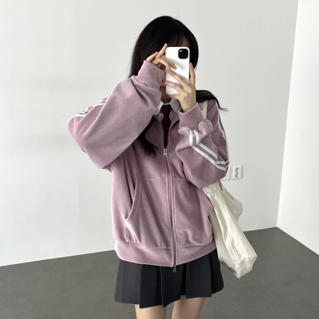 루즈핏 투웨이 지퍼 더블 라인 벨벳 스웨이드 후리스 댄스 트랙탑 져지(4color) 상세 이미지 23