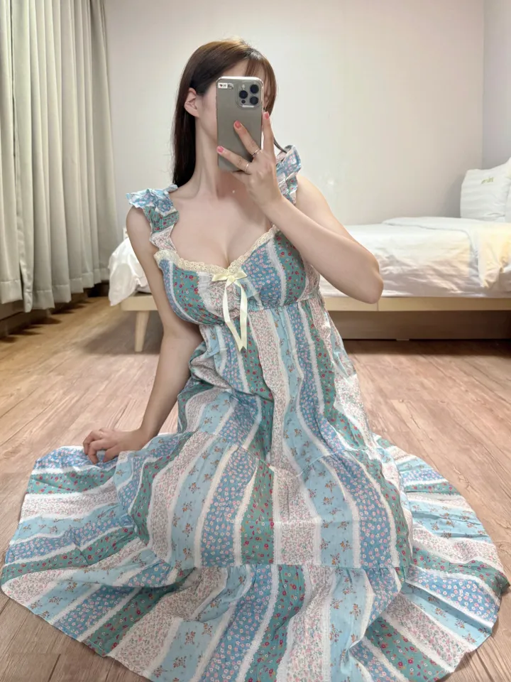 애순이홈웨어🍊🧡 잠옷 파자마 홈웨어 원피스 면 바캉스 롱원피스 공주잠옷 프릴나시원피스 촌캉스 민소매 2color 상세 이미지 5